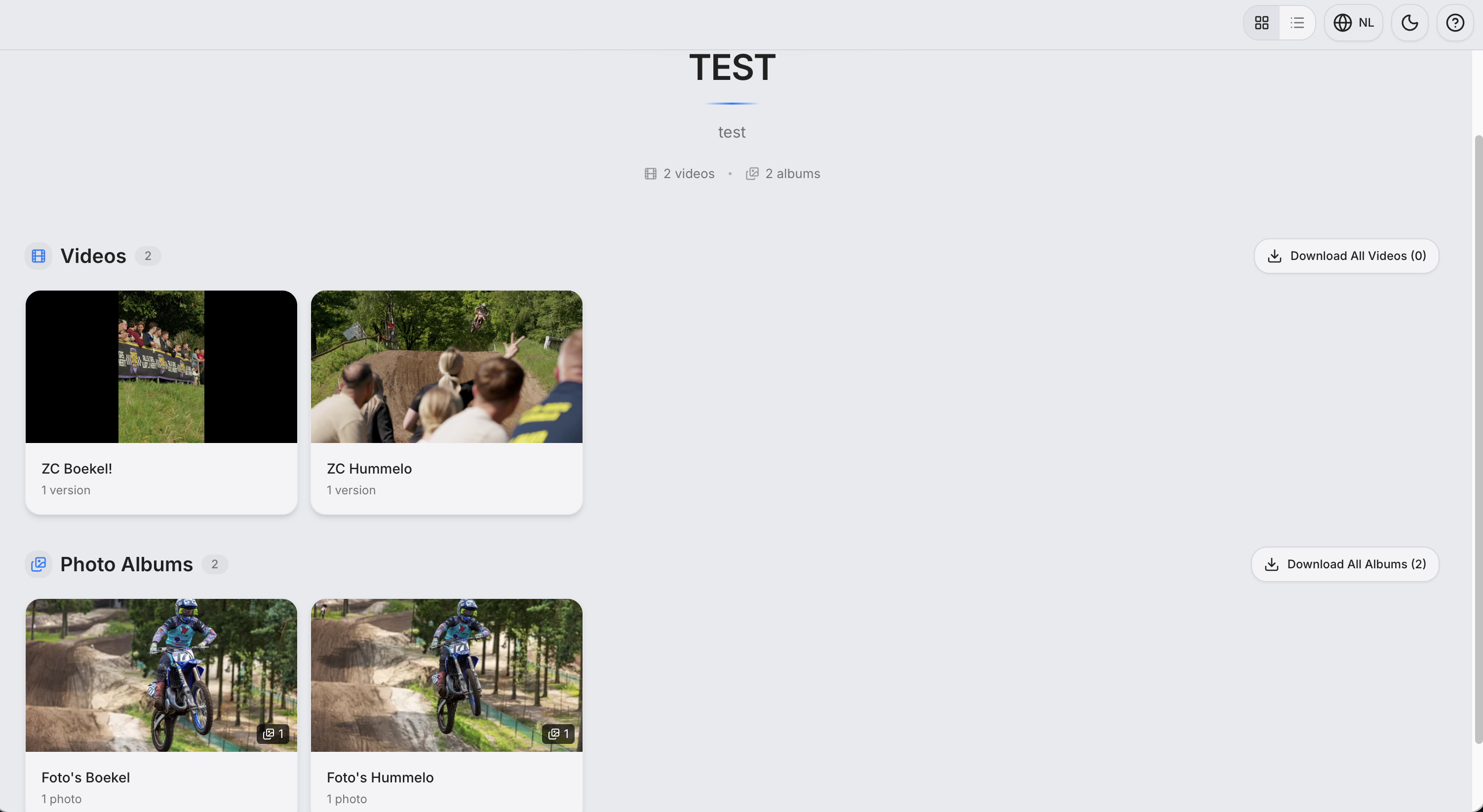 Overzicht met video's en fotoalbums in het klantportaal